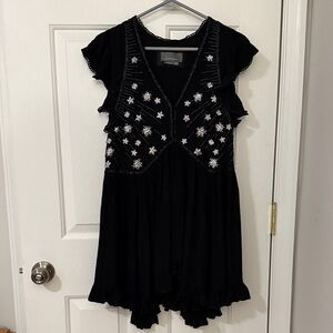 Anthropologie Black Dress w/ Silver Flower Embroidery & Beading Sz SP